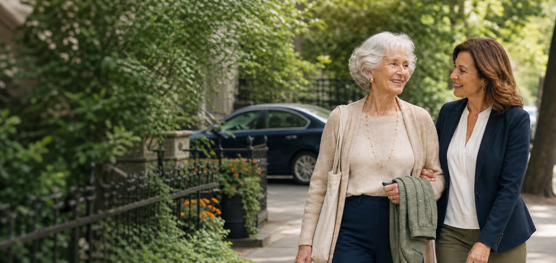 An older woman enjoying a friendly walk with an Alongside companion